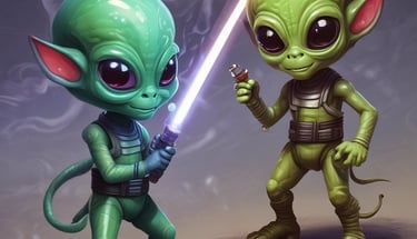 Two alien kids messing with lightsabers