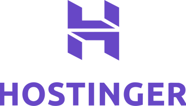 Hostinger logo featuring a purple geometric letter H icon and bold sans-serif brand text on a black background.