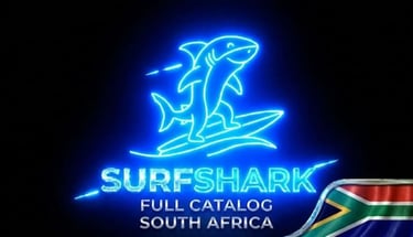 Futuristic shark on neon surfboard, Surfshark logo and S. Africa flag for innovative security