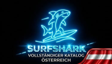 Futuristischer Hai auf Neon-Surfbrett, Surfshark-Logo und Österreich-Flagge für innovative Sicherheit."