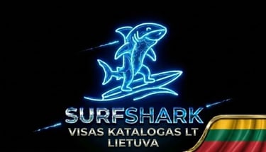 Futuristinis ryklys ant neoninės banglentės, Surfshark logotipas ir Lietuvos vėliava novatoriškam saugumui.