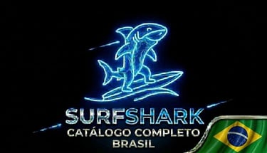 Tubarão futurista em prancha neon, logo Surfshark e bandeira Brasil para segurança inovadora.