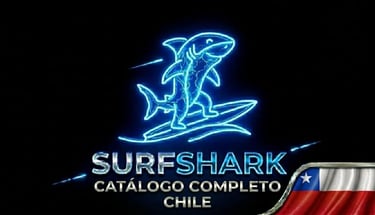 Tiburón futurista en tabla neón, logo Surfshark y bandera Chile para una seguridad innovadora