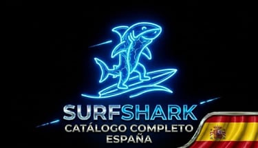 Tiburón futurista en tabla neón, logo Surfshark y bandera España para una seguridad innovadora.