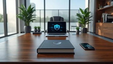 Modern luxury office desk with laptop displaying security shield, book, phone and tablet, cybersecurity theme.
