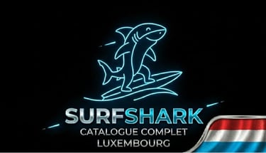 Requin futuriste sur surf néon, logo Surfshark et drapeau Luxembourg pour une sécurité innovante.