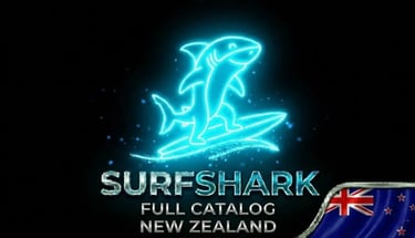 Futuristic shark on neon surfboard, Surfshark logo and NZ flag for innovative security."