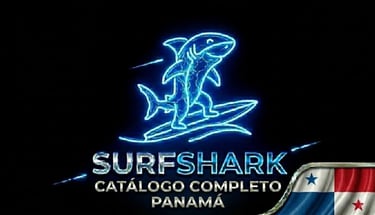 Tiburón futurista en tabla neón, logo Surfshark y bandera Panamá para una seguridad innovadora
