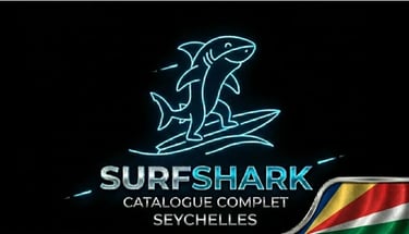 Requin futuriste sur surf néon, logo Surfshark et drapeau Seychelles pour une sécurité innovante