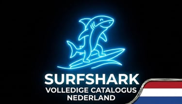 Futuristische haai op neon surfplank, Surfshark-logo en Nederland-vlag voor innovatieve beveiliging