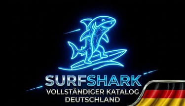 Futuristischer Hai auf Neon-Surfbrett, Surfshark-Logo und Deutschland-Flagge für innovative Sicherheit