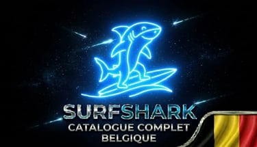 Requin futuriste sur surf néon, logo Surfshark et drapeau Belgique pour une sécurité innovante