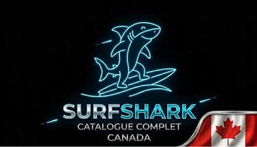 Requin futuriste sur surf néon, logo Surfshark et drapeau Canada pour une sécurité innovante