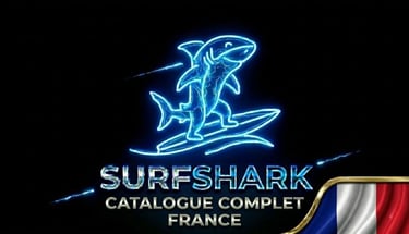 Requin futuriste sur surf néon, logo Surfshark et drapeau France pour une sécurité innovante.
