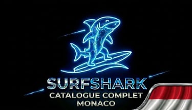 Requin futuriste sur surf néon, logo Surfshark et drapeau Monaco pour une sécurité innovante