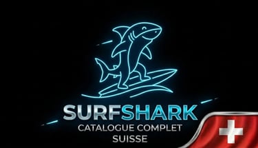 Requin futuriste sur surf néon, logo Surfshark et drapeau Suisse pour une sécurité innovante.