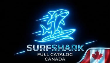 Futuristic shark on neon surfboard, Surfshark logo and Canada flag for innovative security."