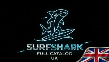 "Futuristic shark on neon surfboard, Surfshark logo and UK flag for innovative security