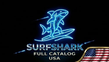 Futuristic shark on neon surfboard, Surfshark logo and USA flag for innovative security.