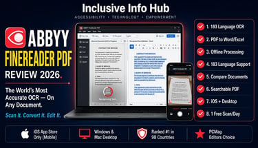 ABBYY FineReader PDF Review 2026 image showing OCR document conversion on laptop and iPhone with checklist feature panel