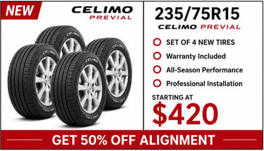 235/75R15 Celimo Previal new tire set available at Fast Tire Shop in Los Angeles. Set of 4 all-seaso