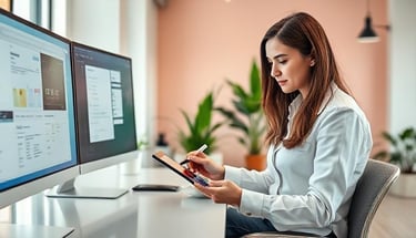 SaaS developer using AI for app creation in a modern office.