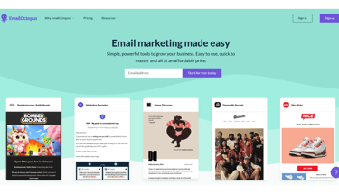 Emailoctopus website page with a bunch of email marketing templates