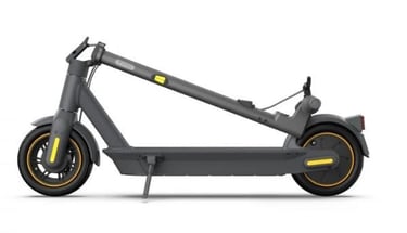 a grey electric scooter with yellow wheels