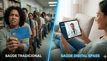 O Lado Esquerdo (SAÚDE TRADICIONAL) Retrata um ambiente caótico e burocrático. Um homem com expressã