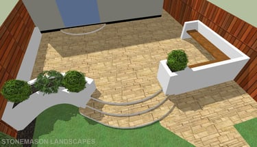 Raised Patio, Curved Steps & Raised White Wall Rendered Planters & Bench 3D Model