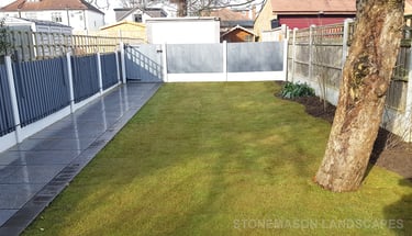 Grey Fence, Porcelain Patio With Charcoal Edging Blocks, Fence  & Gate Install With New Lawn