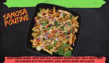 Samosas topped with cheese curds and rich masala gravy, served fresh as Samosa Poutine at Samosa bar