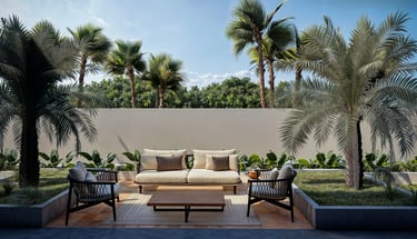 Contemporary villa landscaping at Trump Estates Dubai featuring outdoor lounge seating