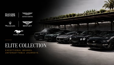 Elite collection of luxury rental cars including Range Rover, Aston Martin, and Mustang.