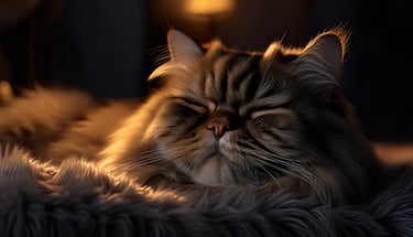 Yumuşak bir yatakta huzurla uyuyan mutlu bir kedi, rahat ve sağlıklı bir yaşamın keyfini çıkarıyor