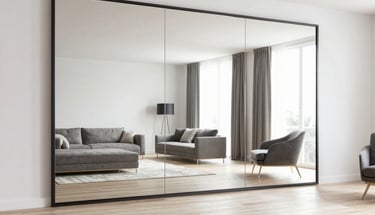 Grand miroir sur mesure pour salon créant une profondeur de pièce.