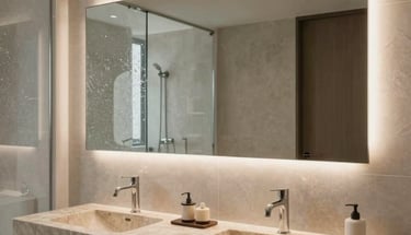 Miroir sur mesure rétroéclairé installé au-dessus d'une double vasque.