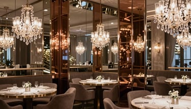 Miroirs sur mesure décoratifs dans un restaurant luxueux avec lustres.