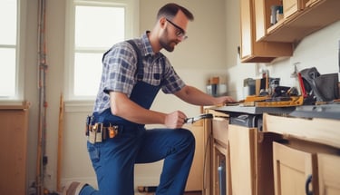 A handyman assembling furniture in a home.