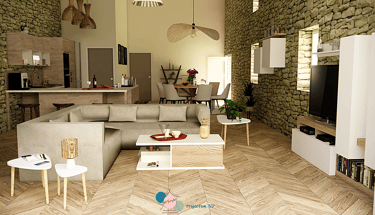 Projection 3D séjour new rustic