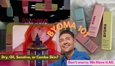 Byoma skincare products including gel cream and cleanser displayed at a colorful brand pop-up event.