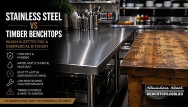 Kitchen prep areas showing the contrast of stainless steel vs timber benchtops.