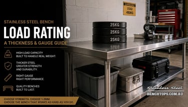 Metal weights stacked on a premium kitchen table to demonstrate stainless steel bench load rating.