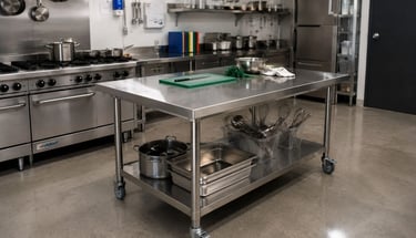 Rolling stainless steel benches for commercial kitchens with under-shelf storage.