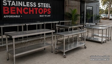 Affordable work tables showing the standard stainless steel benchtop cost australia.