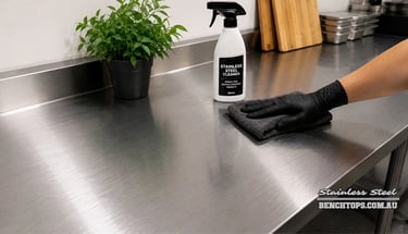 Using a microfiber cloth and spray to show how to clean a stainless steel benchtop.