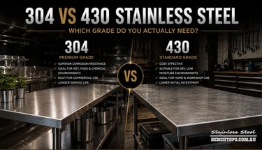 Feature checklist comparing commercial 304 vs 430 stainless steel properties.