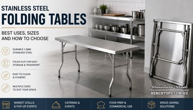 Portable Stainless Steel Folding Table displayed open and folded flat against a kitchen wall.