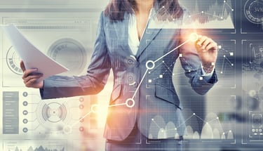 A business woman studying a trend on a futuristic display