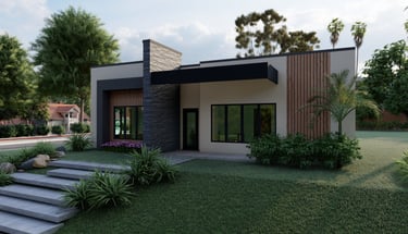Moderna casa tipo bungalow de lujo con revestimiento de madera, techo plano y jardines tropicales co